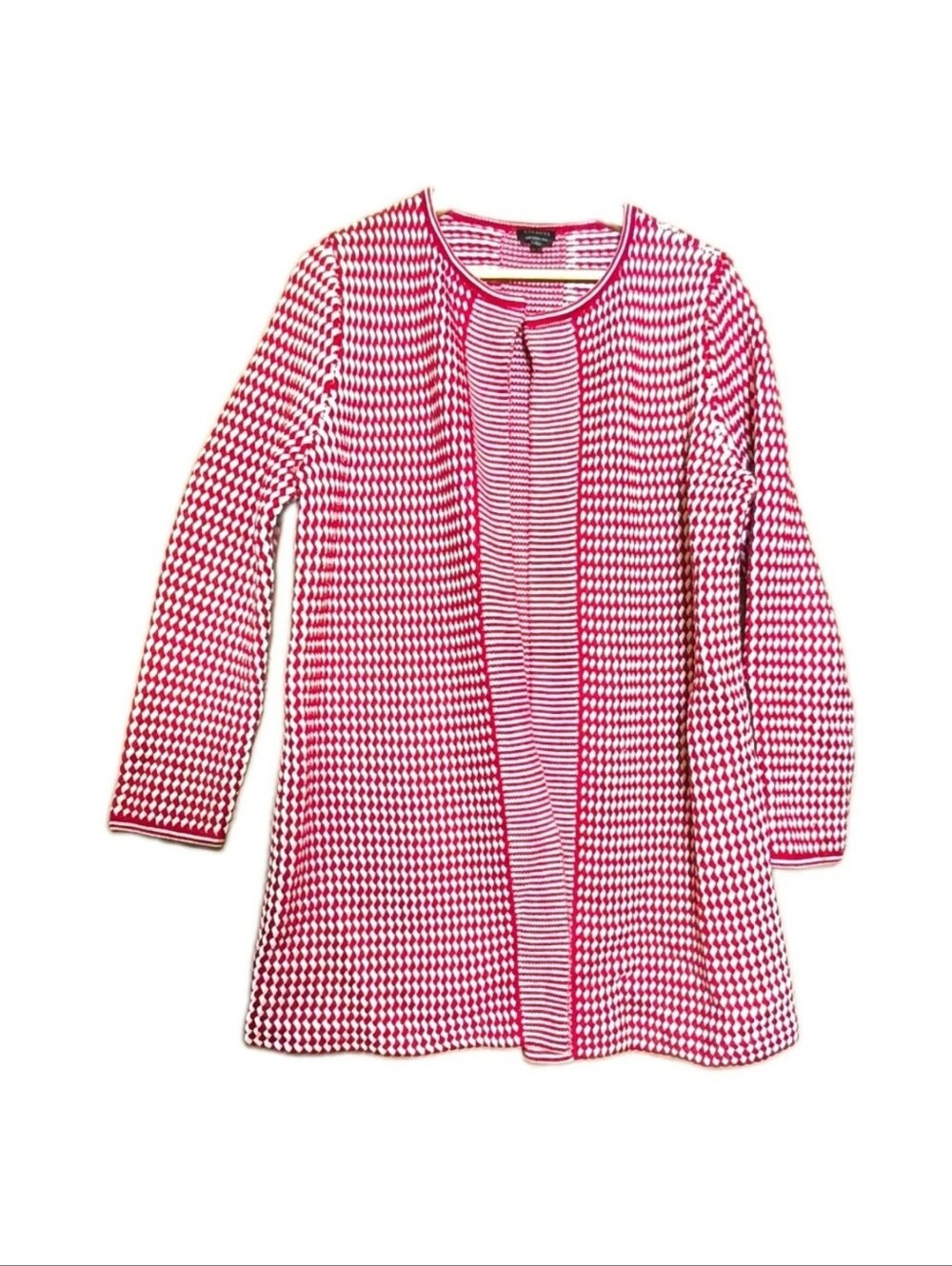 Talbots 100% Merino Wool Knit Cardigan Sweater Crew Neck Geo Red White L